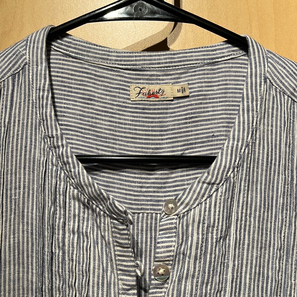 Faherty, Isha Linen Dress, Blue Mini Stripe, Size Medium